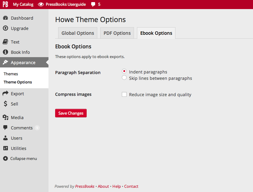 Ebook options screen
