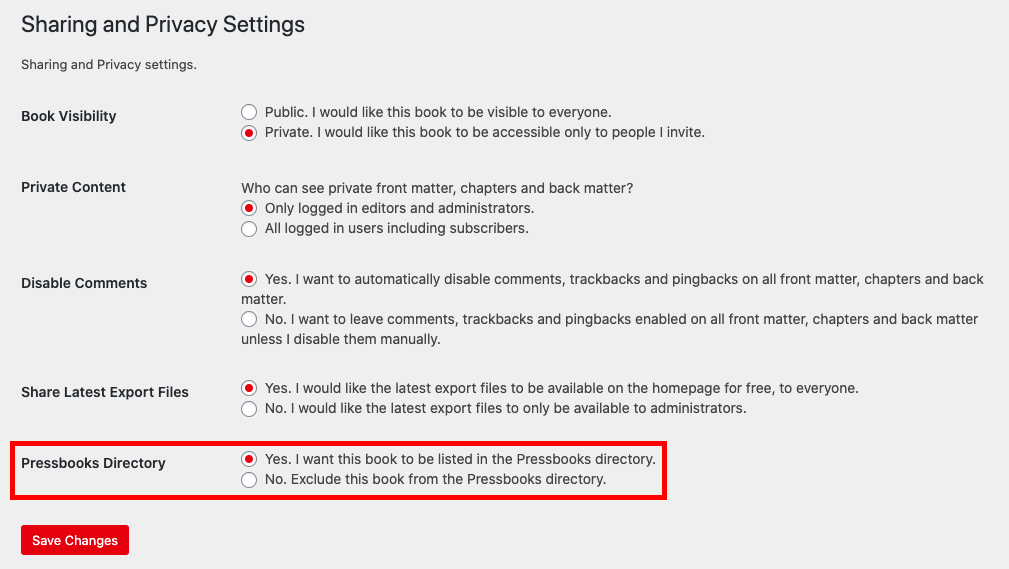 Pressbooks Directory opt-out setting in the Sharing & Privacy setting menu