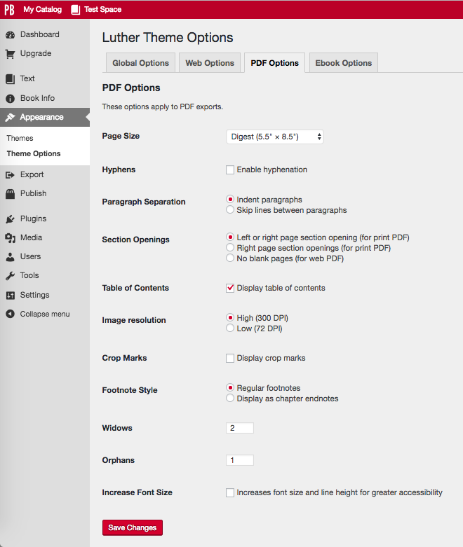Theme options PDF