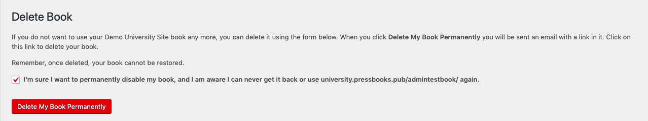 The "Delete Book" page asks you to verify that you would like to permanently delete your book.