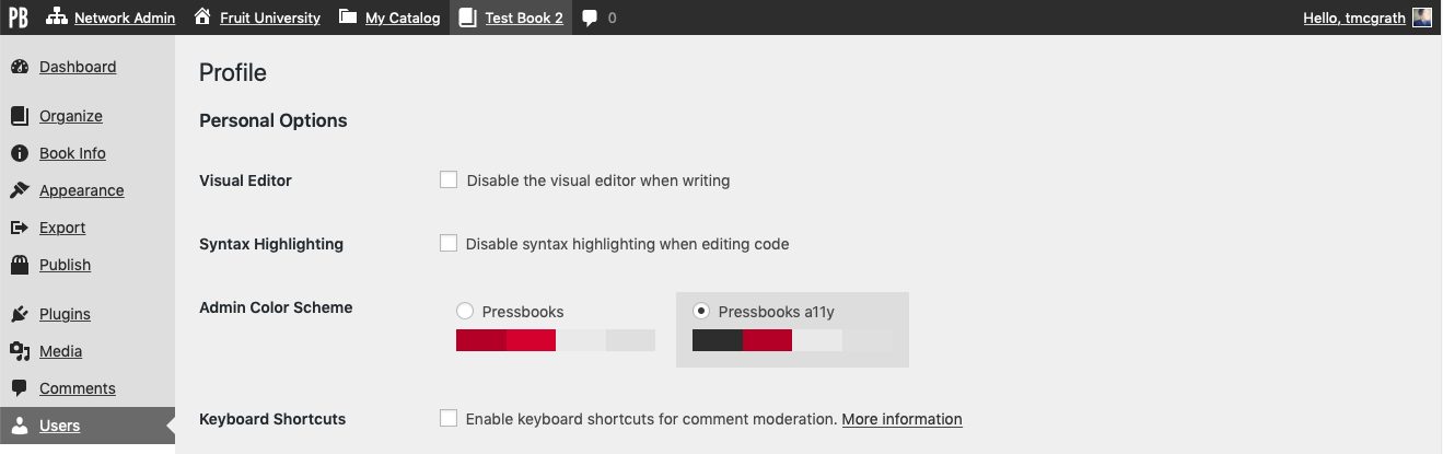 The Pressbooks a11y admin color scheme