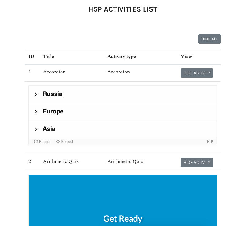 All activities on the H5P list expanded