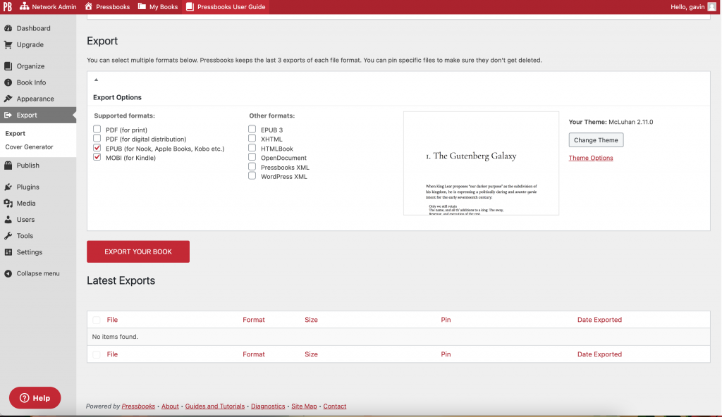 The Export menu allows exporting to different formtas