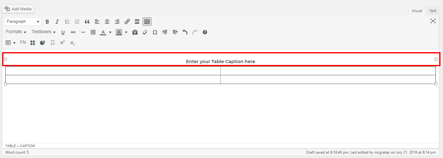 Visual editor with table caption highlighted